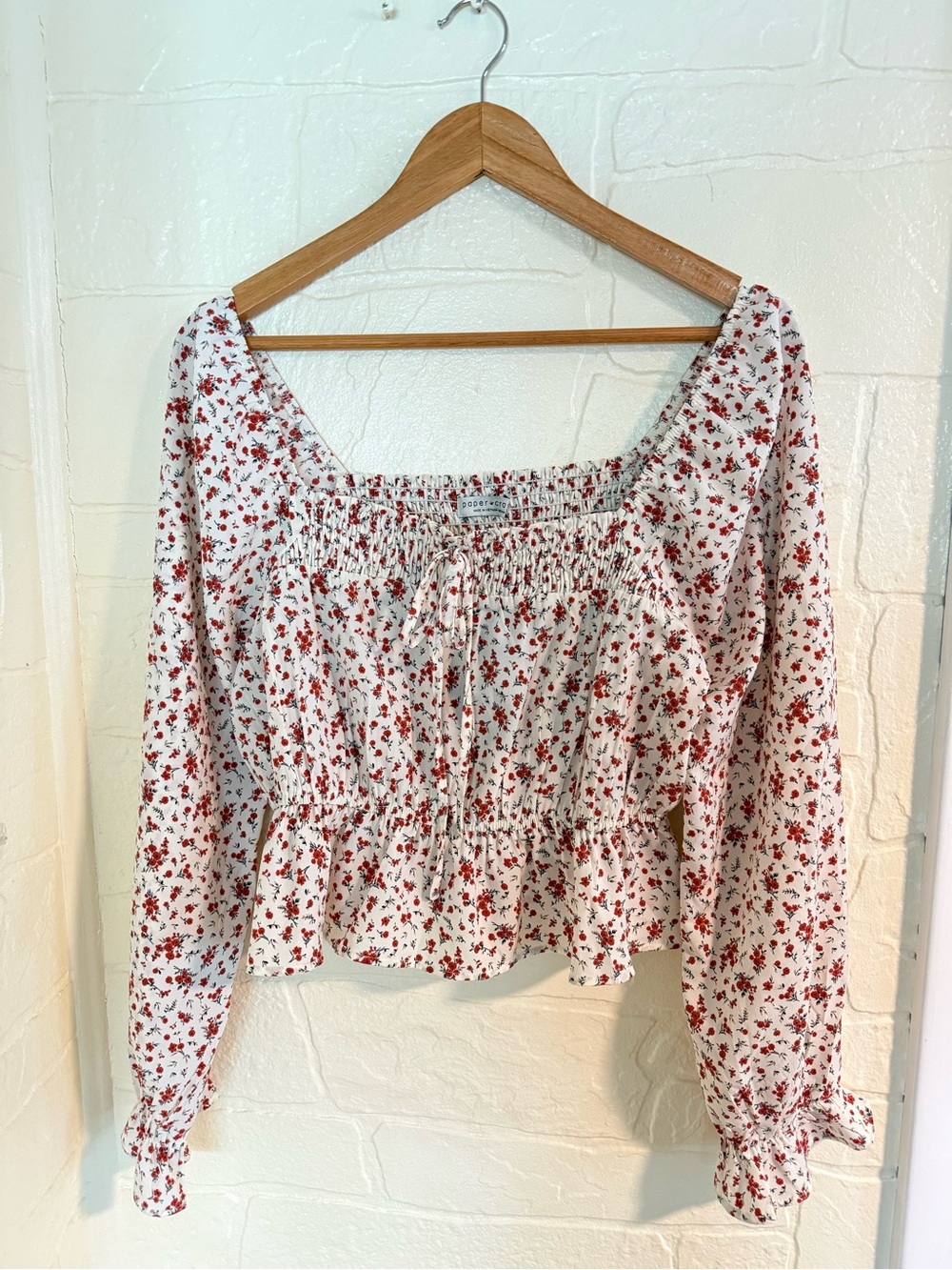 Paper Crane White Smocked Women’s Peplum Top with Red Floral Print